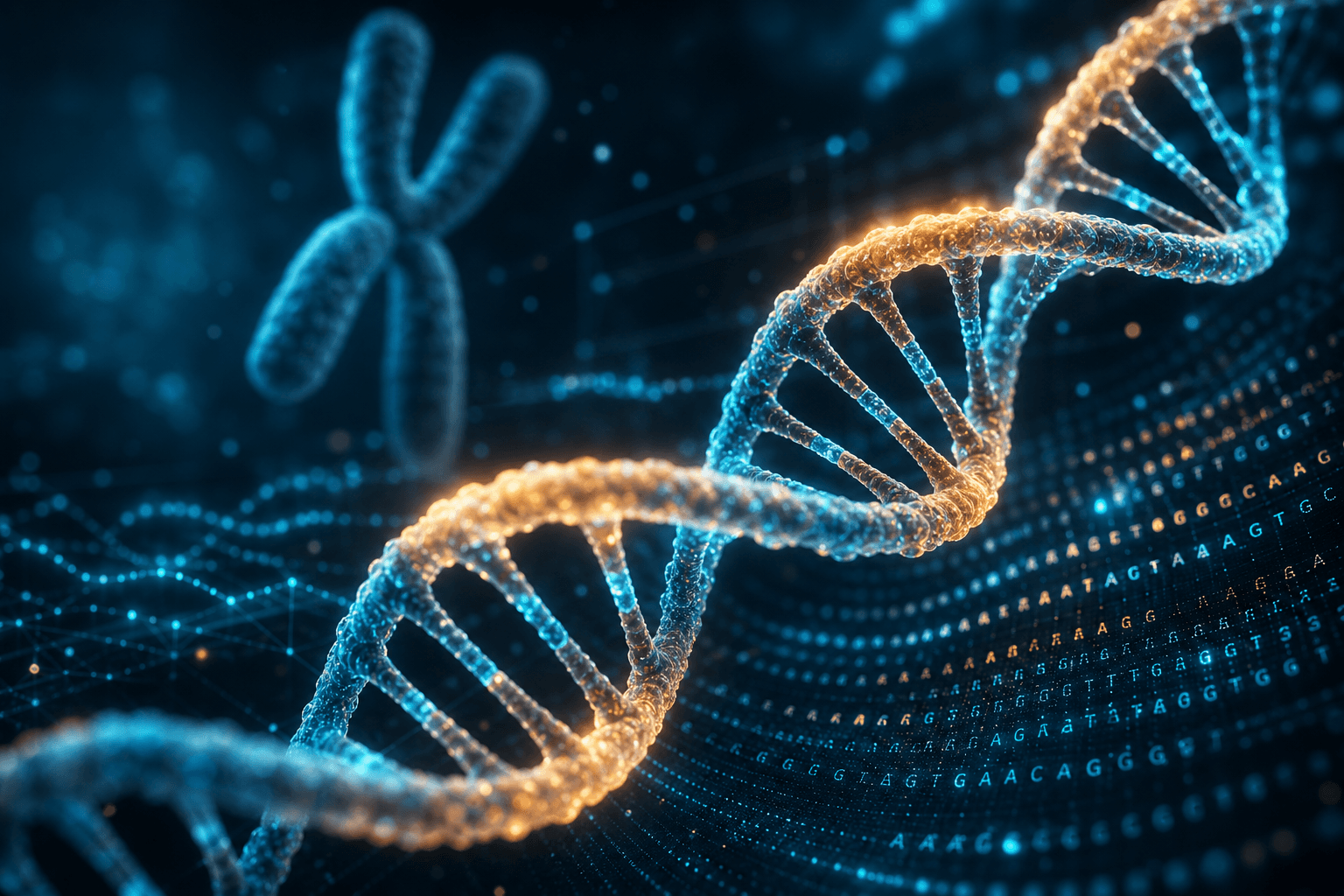3D illustration of a DNA double helix with genomic sequence data and computational analysis overlays