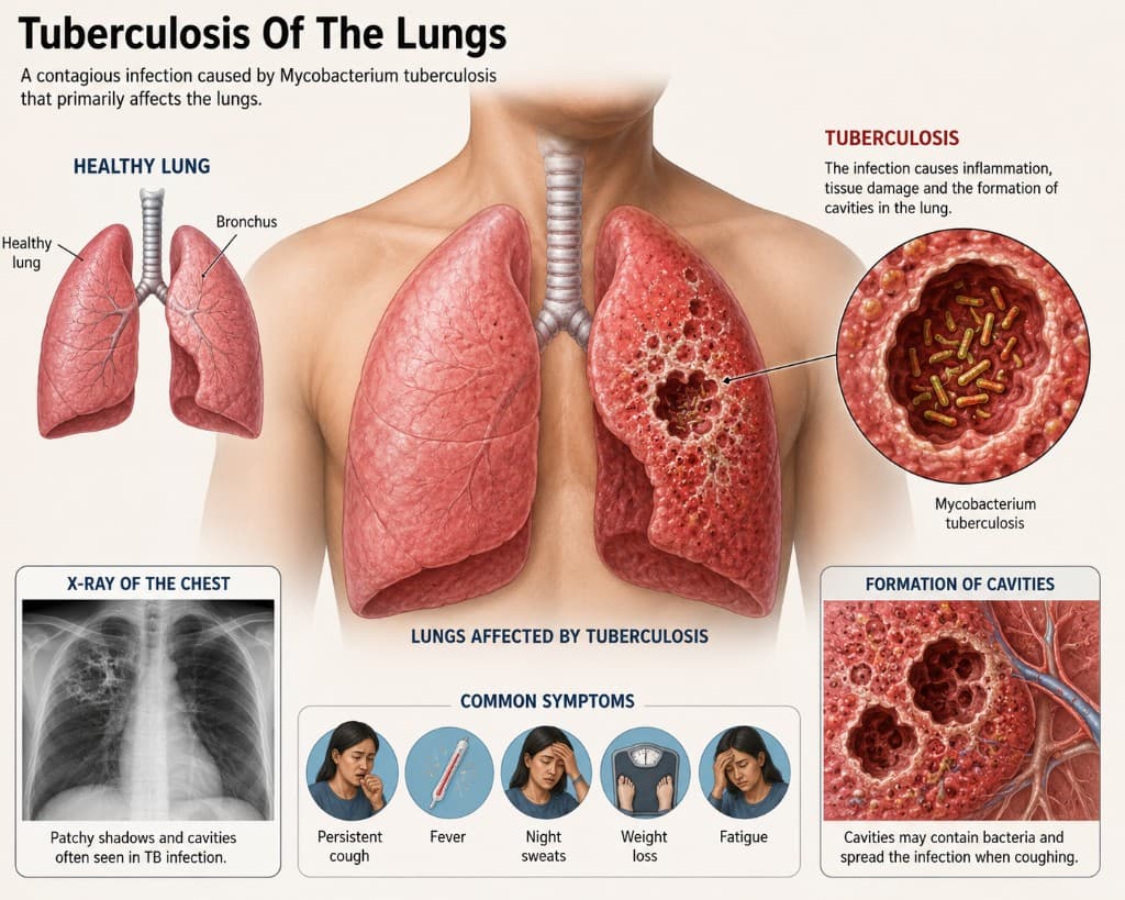 Medical illustration of tuberculosis of the lungs showing affected tissue, Mycobacterium tuberculosis, and common symptoms