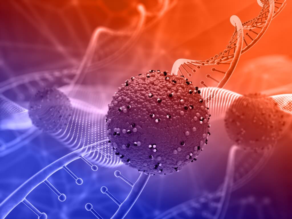 3D illustration of a virus-like particle interacting with DNA double helix strands